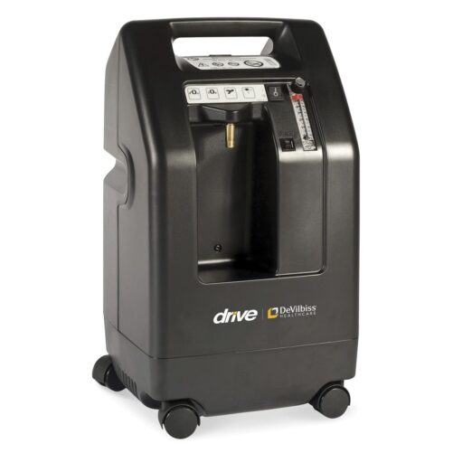 アメリカの DRIVE DEVILBISS 525KS 5L 酸素濃縮器は、ホイール付きの黒いデビルビス酸素濃縮器です。前面にコントロール ボタン、表示パネル、パイプ ポートが付いており、便利で信頼できるように設計されています。