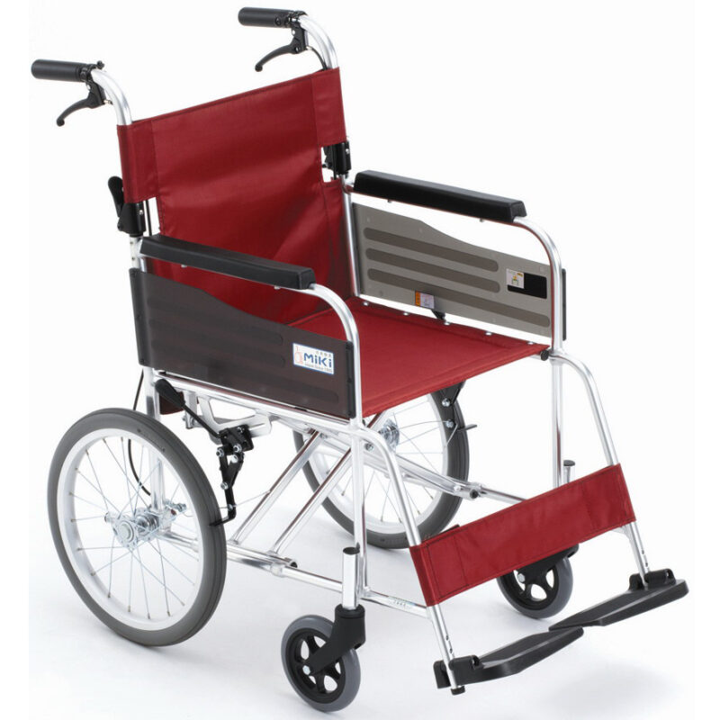 白色背景上的紅色和黑色日本品牌 Miki ST43JL-16 手推輪椅。