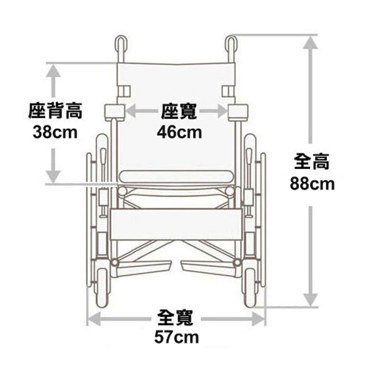 日本品牌 Miki ST43JL-16 手推輪椅示意圖及測量結果。