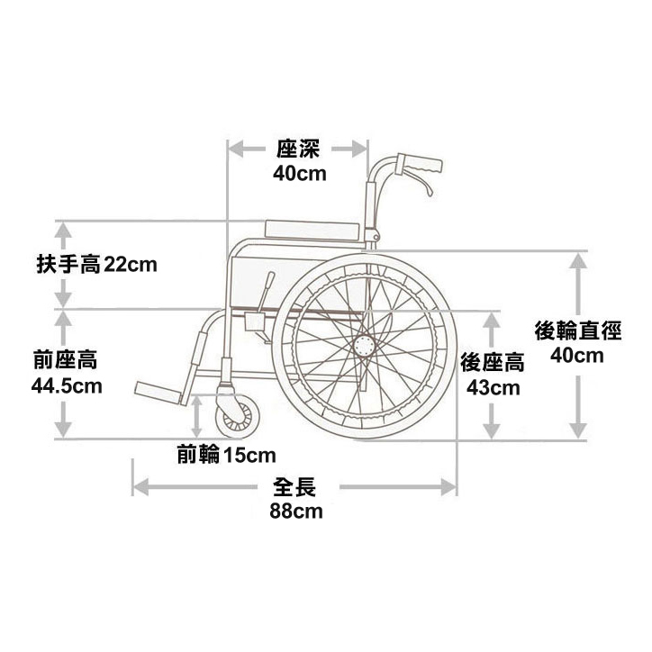 顯示日本品牌 Miki ST43JL-16 手推輪椅尺寸的圖表。