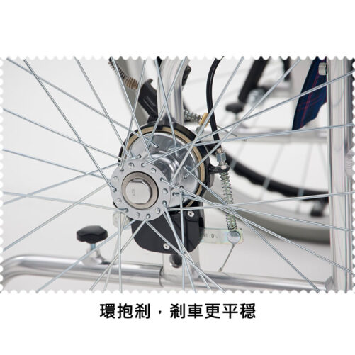 輪椅王 日本Miki HB16 高背輪椅輪的特寫，配有詳細的煞車機構。底部包含中文文字。