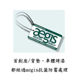 輪椅王 鑰匙圈上印有「aegis Microbe Shield」字樣，可防止異味、污漬和變質。文字為中文，描述了台灣品牌Karma KM-50高背輪椅的座椅、靠背和車身油漆的抗菌處理。
