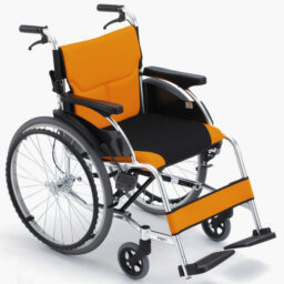 白色背景上的橙色和黑色日本品牌 Miki FR43JL-22 手推輪椅。
