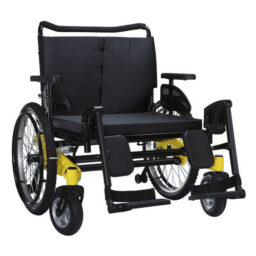 The Taiwanese brand of wheelchair king Heartway WHW8-26 high load-bearing wheelchair is a black and yellow manual wheelchair equipped with a cushioned seat and backrest, large rear wheels and small front wheels.