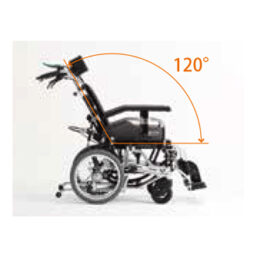 輪椅王 黑色日本品牌 Miki LX-2 高背輪椅的側視圖，顯示 120 度傾斜角度，以橙色線標記。