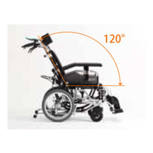 輪椅王 黑色日本品牌 Miki LX-2 高背輪椅的側視圖，顯示 120 度傾斜角度，以橙色線標記。