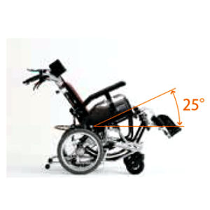 輪椅王 日本品牌Miki LX-2高背輪椅以25度角傾斜的側視圖，突出顯示後輪和帶腳踏板的座位區。