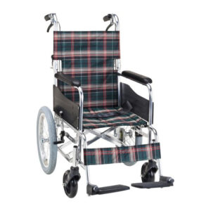 Le fauteuil roulant à poussée manuelle ICHIGO ICHIE WKS-70 de la marque japonaise King en fauteuil roulant est un fauteuil roulant manuel pliable à motif à carreaux avec une grande roue arrière, une petite roue avant et une pédale.