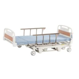 [ 輪椅王 ] 綠洲 WDB-7AL 四功能電動護理床，上面有藍色床單。