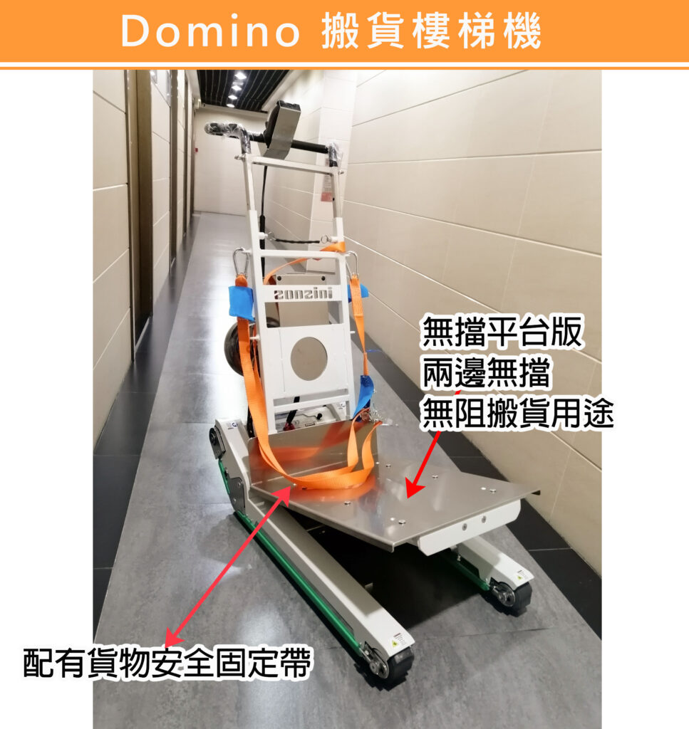 轮椅王走廊上展示了一台名为「Domino」的爬楼机，广告名为「轮椅王运载货物楼梯机Zonzini Stair Climber」。该设备具有提升臂、底座平台和用于固定货物的橙色安全带。中文文字提供了更多详细资讯。