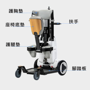 Wheelchair King est un appareil de rééducation multifonctionnel blanc portant une étiquette chinoise et comprenant des coussinets de poitrine, des coussinets de siège, des genouillères, des poignées et des pédales. Bangbang [fauteuil roulant électrique debout] BBR-XZ-YWJ-01 est conçu pour aider à se tenir debout et à bouger.