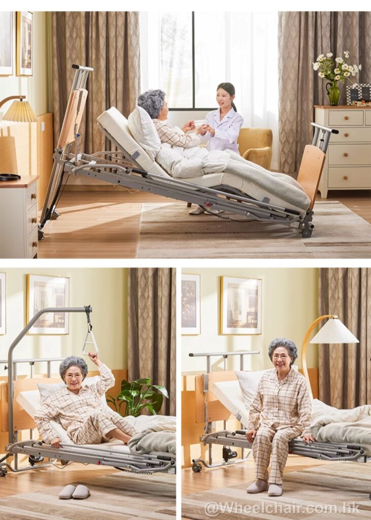 四張照片，顯示一位老年婦女在電動醫療床（電動醫療床）中的情況。
