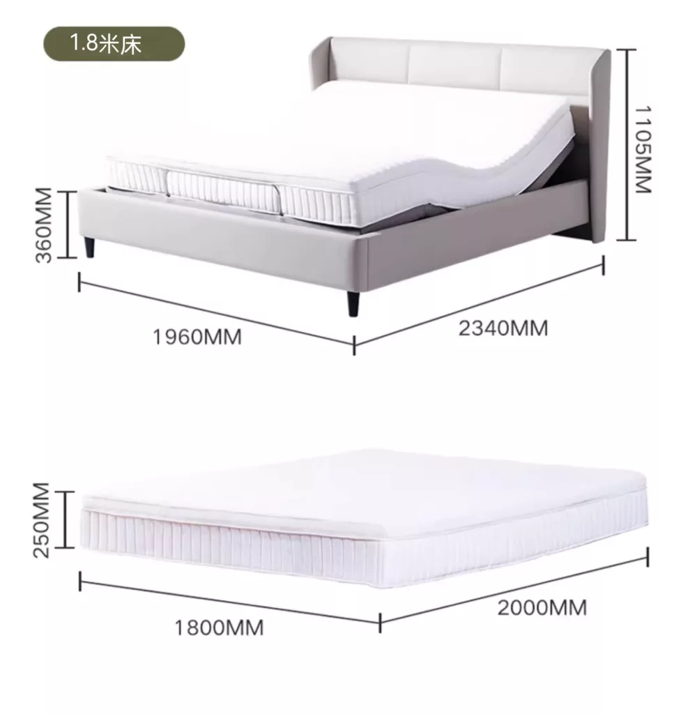 帶註釋的圖像顯示了白色現代風格床架和床墊的尺寸。