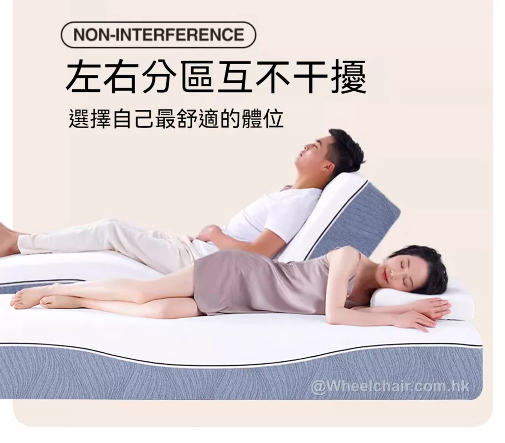 宣傳圖片展示了採用無幹擾技術的床墊，表明一個人可以在另一個人坐在同一張床上時不受干擾地休息。