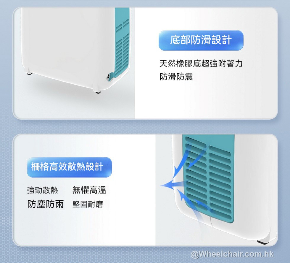 兩張便攜式流動式製氧機裝置的圖片，突出顯示其便於移動的輪子和氣流機制，其流動式製氧機設計上帶有描述性中文文字