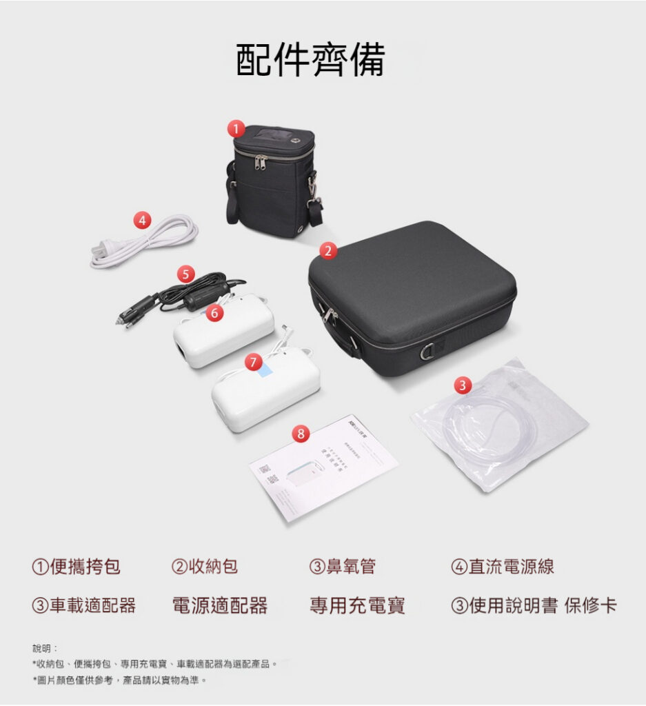 白色背景上展示的一系列電子配件，包括黑色袋子、硬盒、電纜、適配器和流動式製氧機配件。