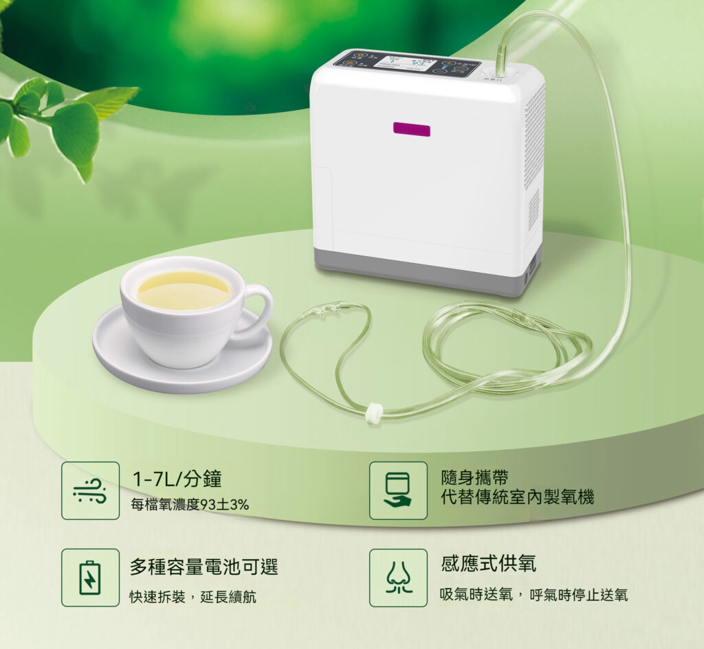 綠色桌子上放著 7L 便攜式製氧機，旁邊放著一杯茶，上面有與健康相關的圖標和中文文字。