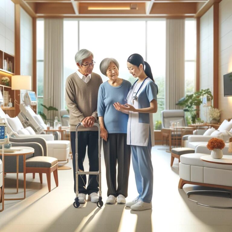 在香港人大灣區院舍照顧服務下，護士在明亮、現代化的護理院環境中協助一對推著助行器的老年夫婦
