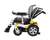 輪椅王 白色和黃色的 Merits WC210(14 寸後輪)電動輪椅以各種傾斜位置展示。