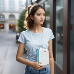 【轮椅王】 一位绑着马尾、穿着浅蓝色T 恤和牛仔裤的年轻女子站在城市的人行道上。她的胸口绑着一个用于氧气供应的医疗设备，很可能是流动制氧机（便携式氧气浓缩器），管道连接到她的鼻子。当她眺望远方时，显得若有所思。