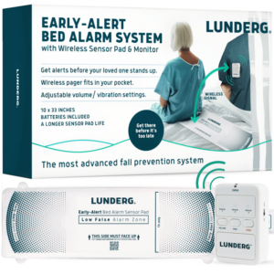 【Wheelchair King】Lunderg base out of bed alarm box is suitable for wireless sensor pad and monitor devices. The box shows an image of a caregiver using a monitor and an older adult sitting on a bed with a sensor pad underneath. This bed alarm features adjustable volume and a low false alarm zone.
