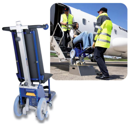[Wheelchair King] A service staff assists a wheelchair user to board the plane using the German AAT Smax Aviation stair climbing device specially designed for private jets. Close-up showing advanced wheelchair equipment.