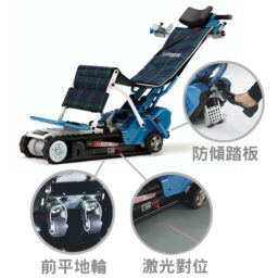 [Wheelchair King] Silla de ruedas eléctrica para subir escaleras, sus características se destacan mediante ilustraciones circulares: placa de seguridad para escalones, ruedas delanteras y sistema de alineación láser. El último modelo de salvaescaleras para sillas de ruedas de tercera generación, AIDBASE HKSC 970B, distribuido exclusivamente por Wheelchair King, trae movilidad avanzada a Taiwán.