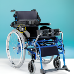 【Roi en fauteuil roulant】 L'image montre un fauteuil roulant à pousser debout bleu et noir avec un siège et un dossier rembourrés. Il comporte de grandes roues arrière, de petites roues avant, des repose-pieds et un panneau de commande Hi-Lo M de 18.64 M fixé à l'accoudoir pour une navigation confortable.