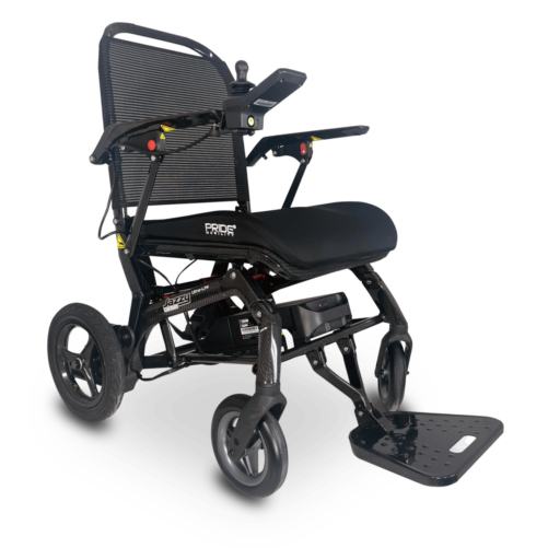 [Wheelchair King] The Jazzy Carbon Ultra Lite lightweight electric wheelchair is a stylish black and gray motorized scooter made of durable carbon fiber and weighs only 14.5 kg. It features four wheels, a padded seat with backrest, foldable footrests, and convenient electric controls on the right armrest.