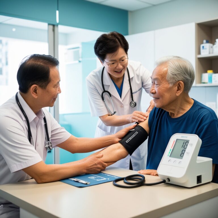 [Wheelchair King] Two doctors in white coats are sitting in a medical office checking the blood pressure of an elderly patient. One person puts the cuff on the patient's arm, while the other observes the entire process with a smile, ensuring that the elderly are well cared for in their daily lives in Hong Kong, even if their children have moved overseas.