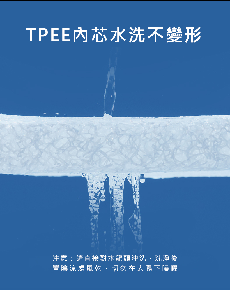 【轮椅王】 水流穿过白色材料的特写,图像上方和下方有中文文字。顶部文字提到「TPEE内芯水洗不变。德国品牌TPEE护颈椎助眠枕头确保耐用性和舒适性。