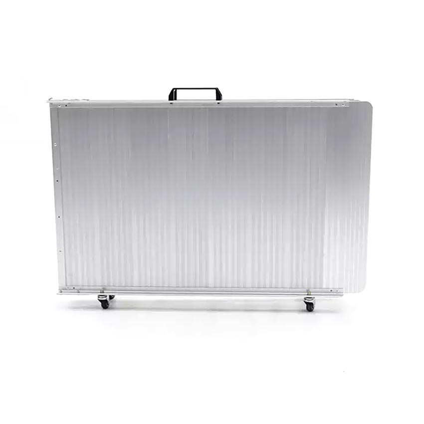 [Wheelchair King] A large rectangular metal box, made of folding high-strength aluminum alloy ramp plates, with handles on the top and small wheels on the bottom. It is positioned elegantly against a white background.