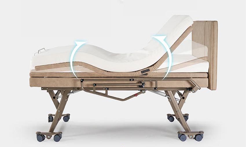 [Rey en silla de ruedas] La cama de hospital ajustable es de una marca británica, utiliza una base TPEE+ blanca y muestra la trayectoria del movimiento al levantar la cabeza y las piernas. Su base con ruedas proporciona una movilidad suave, mientras que el WCN931-Y ofrece un elevador de cama portátil con control remoto inalámbrico para facilitar su uso.
